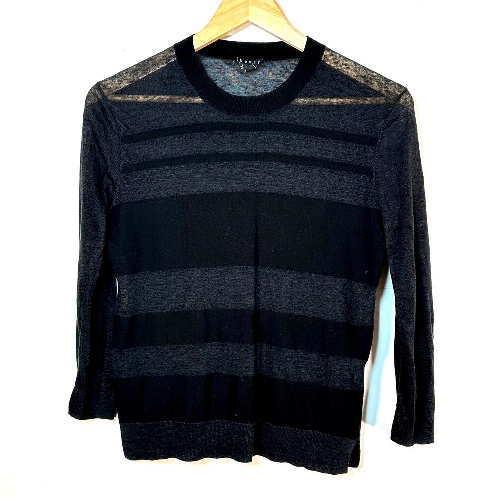 Theory linen‎ blend semi sheer striped top woman’s S GUC neutral capsule